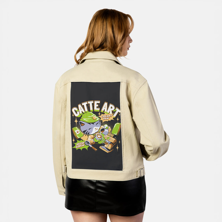 catteart patch on female atelier canvas jacket in tan