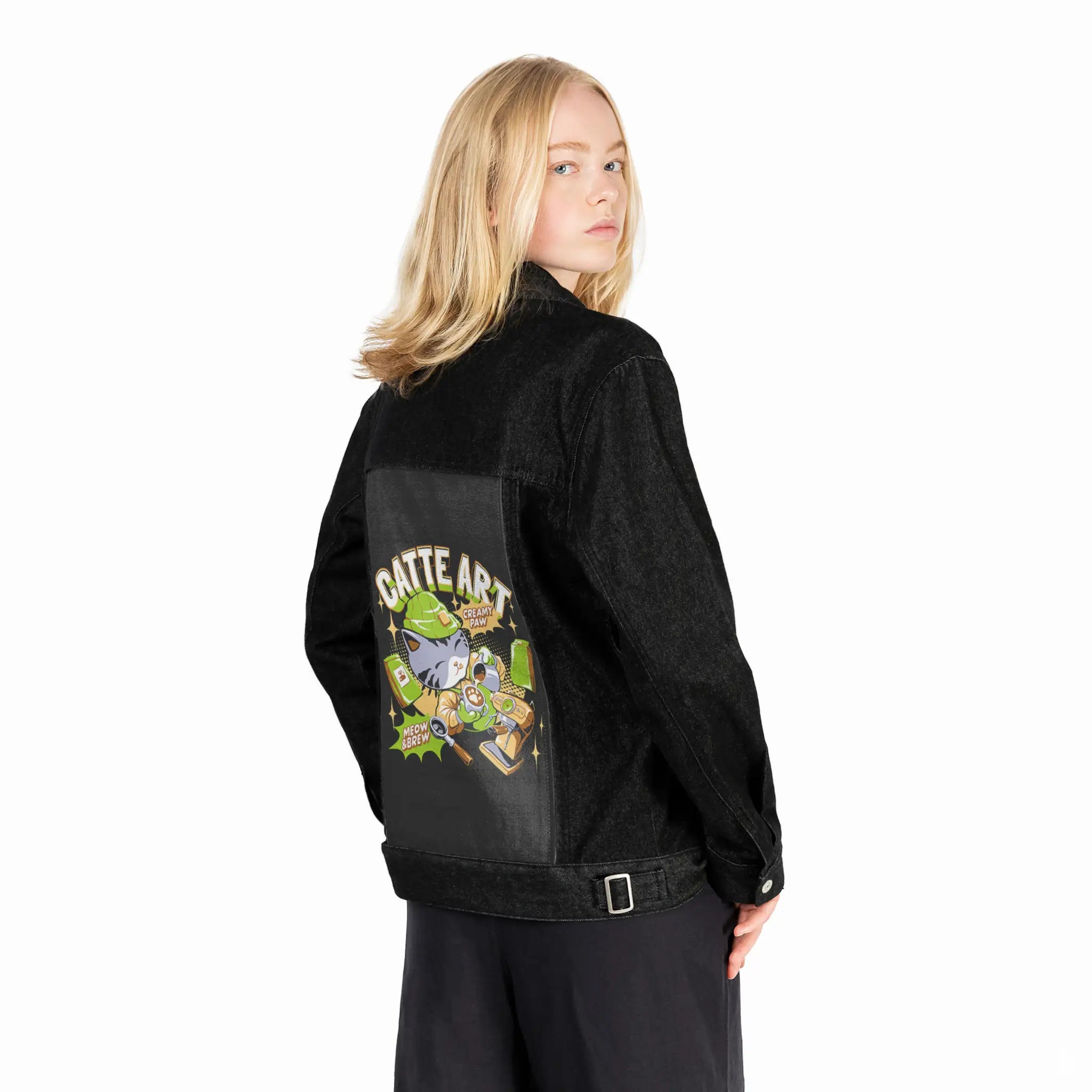 catteart patch on female og denim jacket in raven