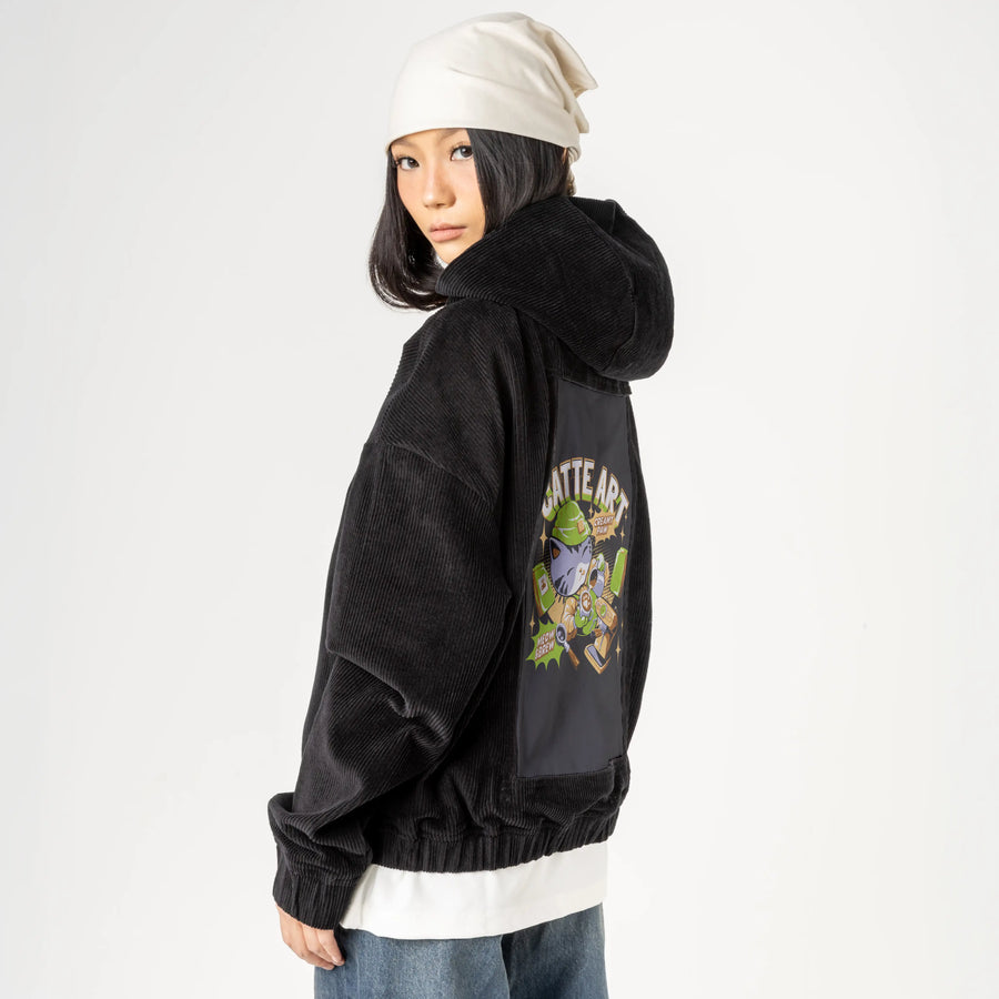 catteart patch on female retro cord hoodie in onyx