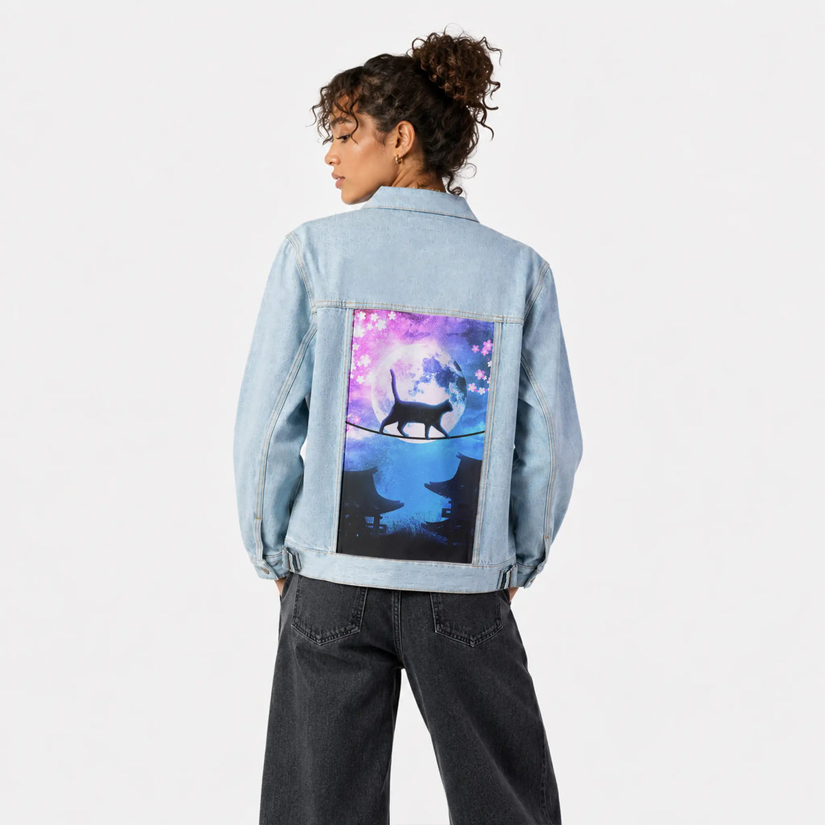 catunderthemoon patch on female og denim jacket in oceanside
