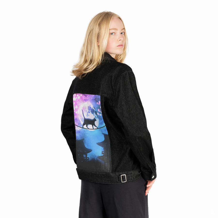 catunderthemoon patch on female og denim jacket in raven