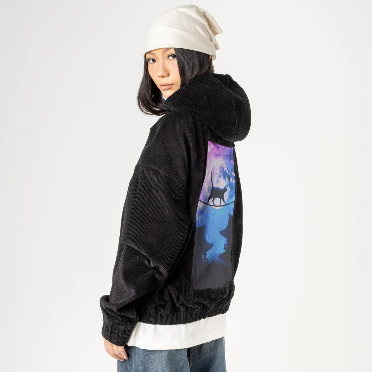 catunderthemoon patch on female retro cord hoodie in onyx