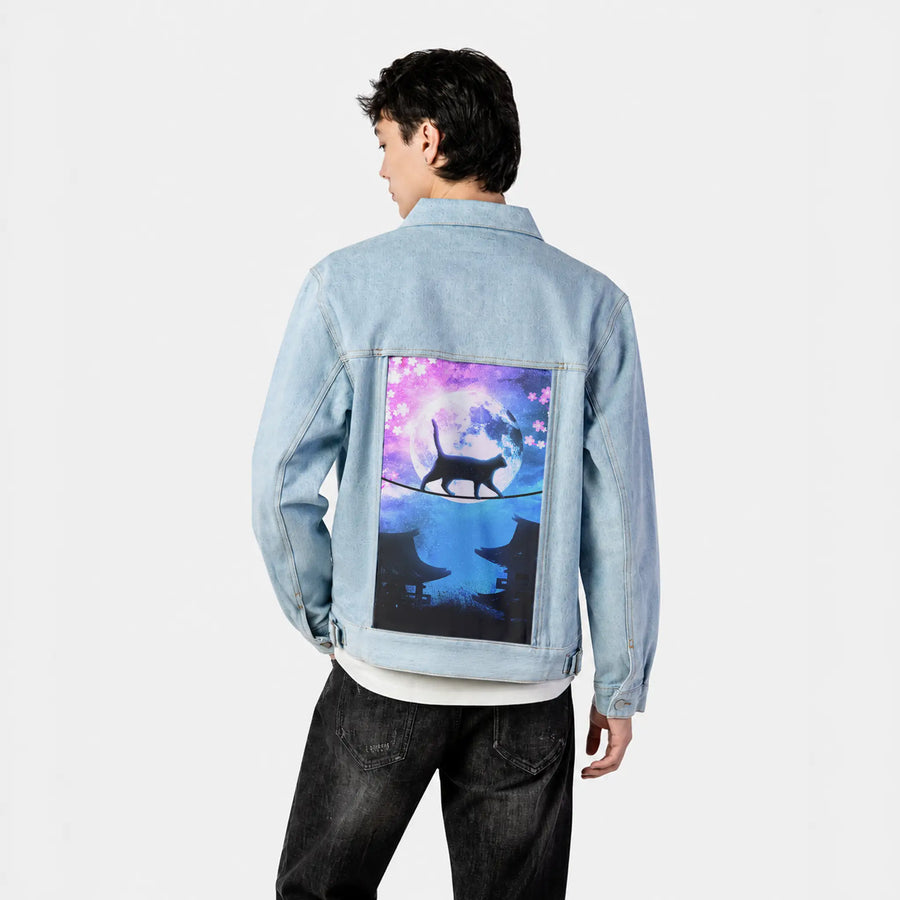 catunderthemoon patch on male og denim jacket in oceanside