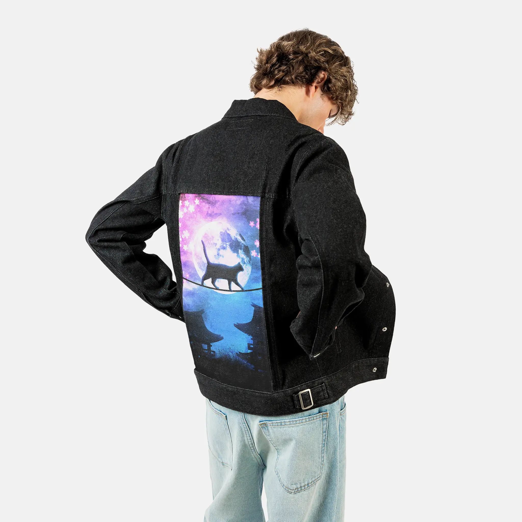 catunderthemoon patch on male og denim jacket in raven