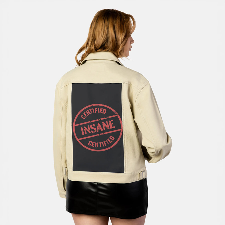certifiedinsane patch on female atelier canvas jacket in tan