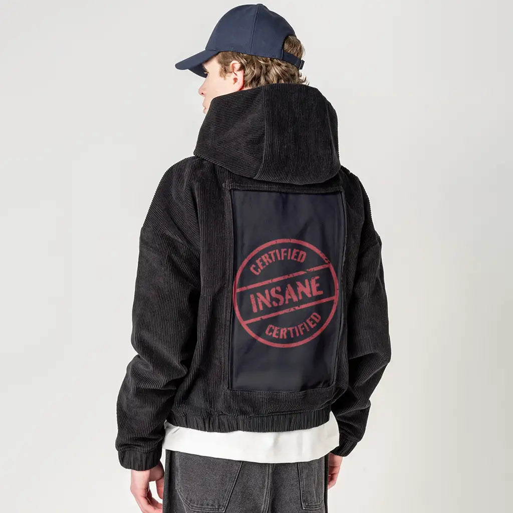 certifiedinsane patch on male retro cord hoodie in onyx