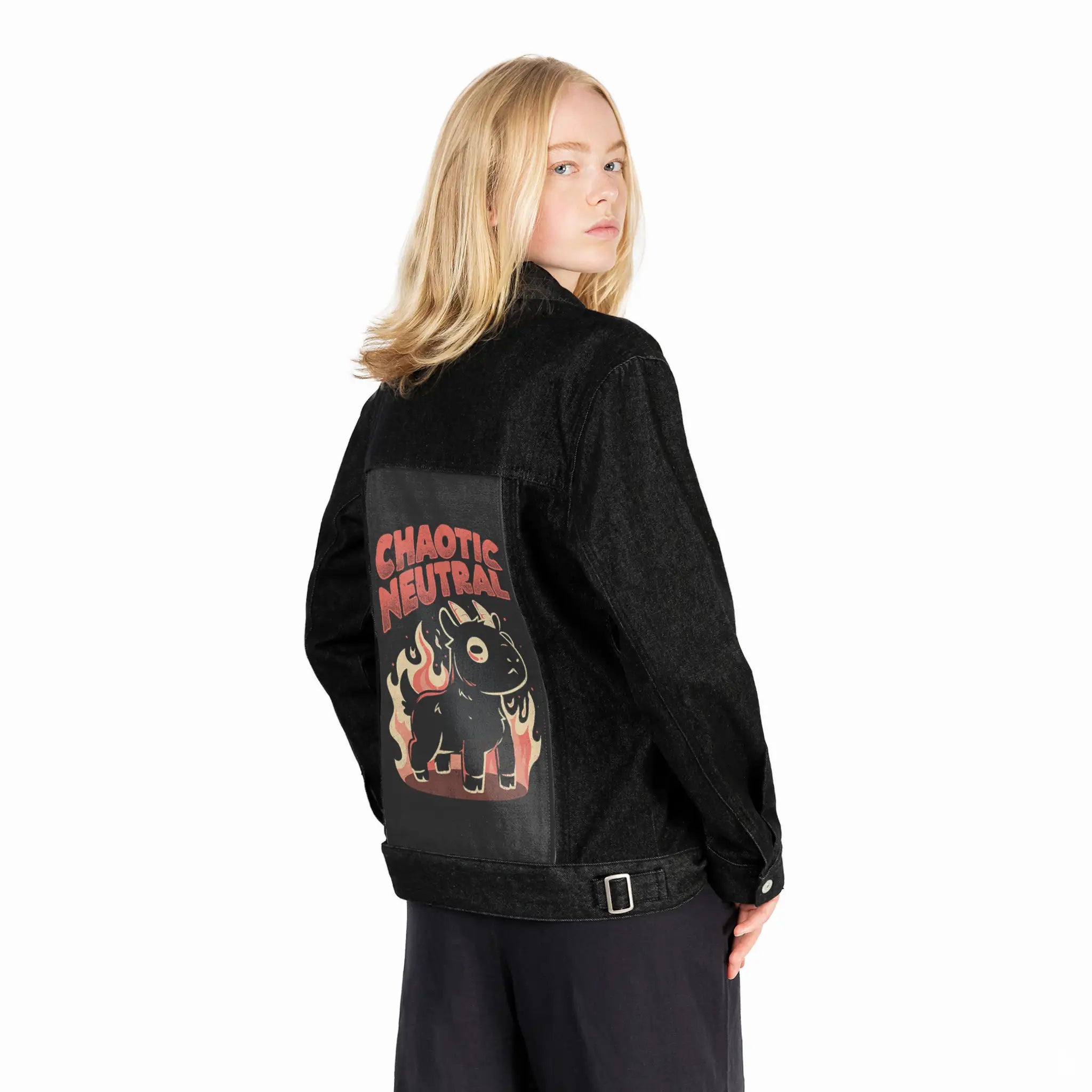 chaoticneutral patch on female og denim jacket in raven