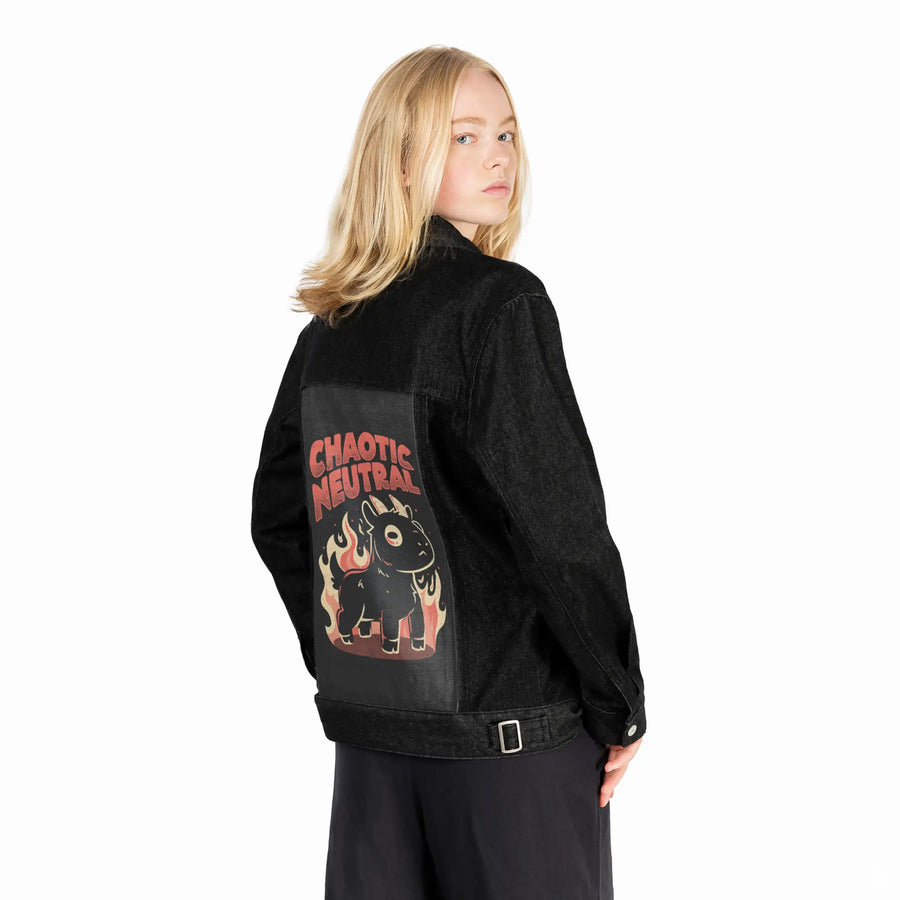 chaoticneutral patch on female og denim jacket in raven