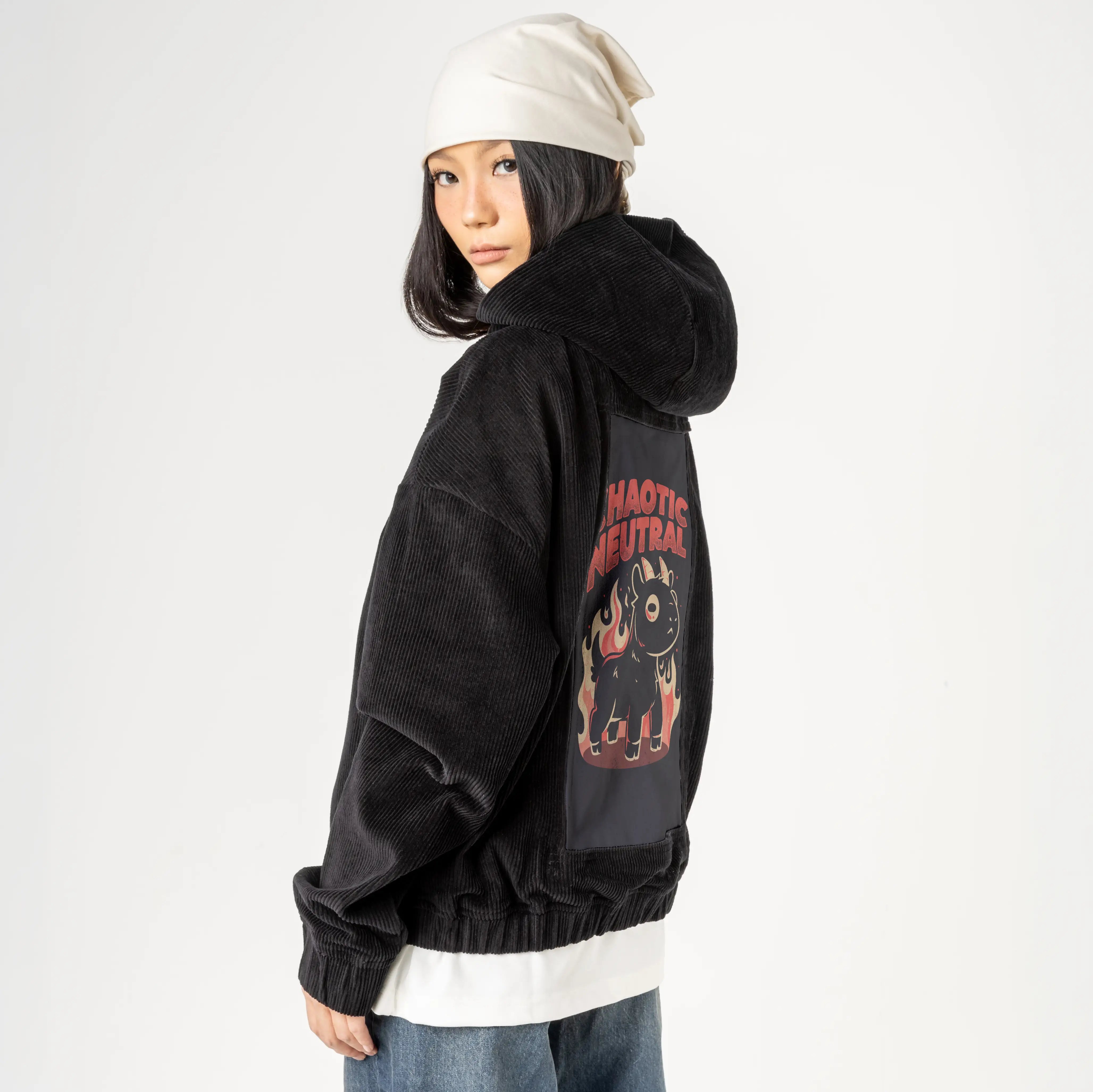 chaoticneutral patch on female retro cord hoodie in onyx