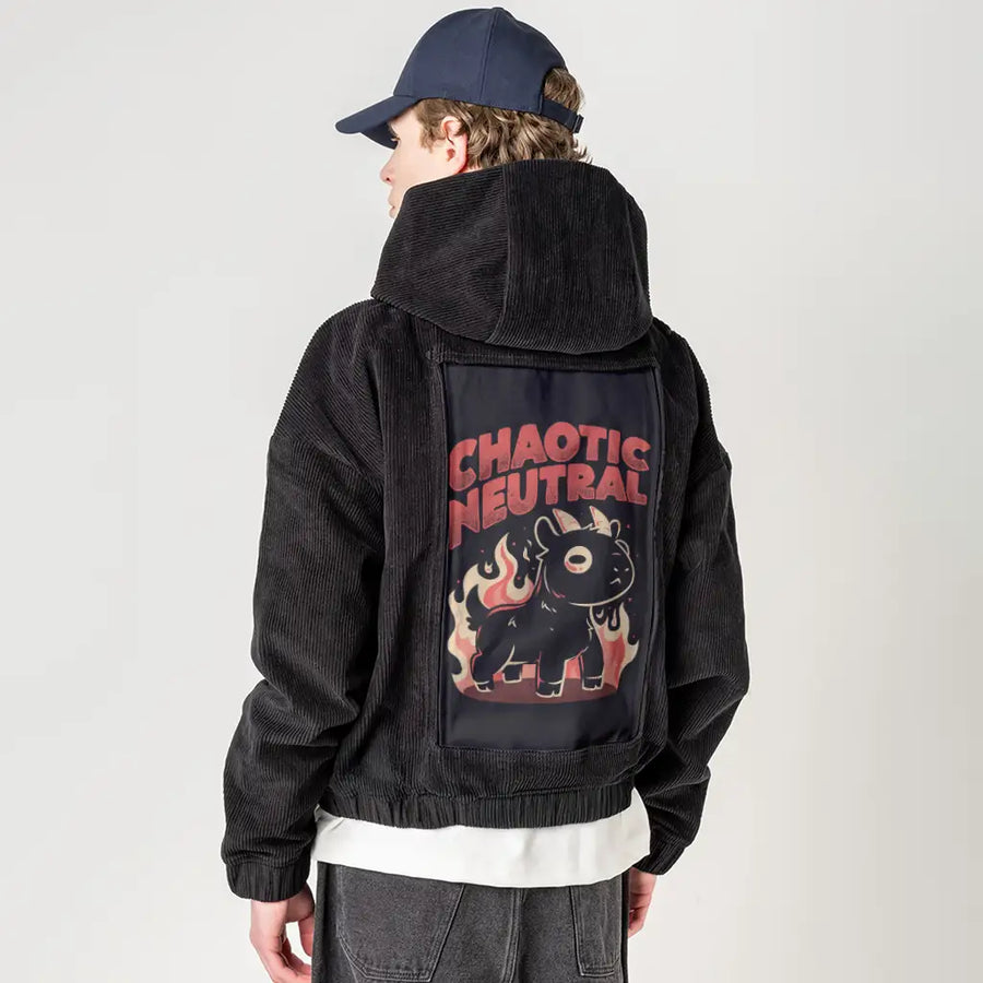 chaoticneutral patch on male retro cord hoodie in onyx