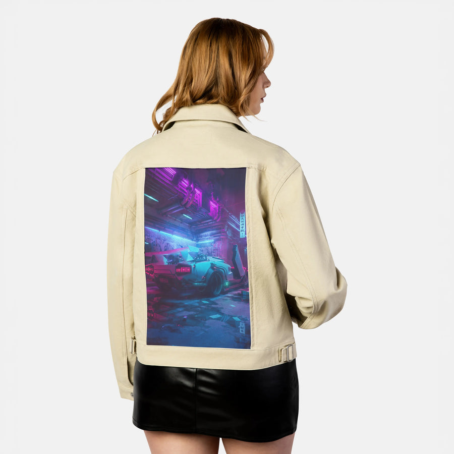 charging patch on female atelier canvas jacket in tan