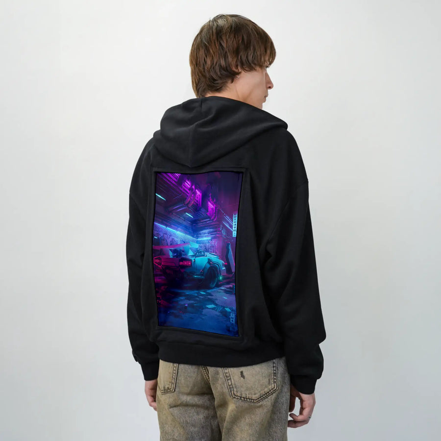 charging patch on male essential zip hoodie in after hours
