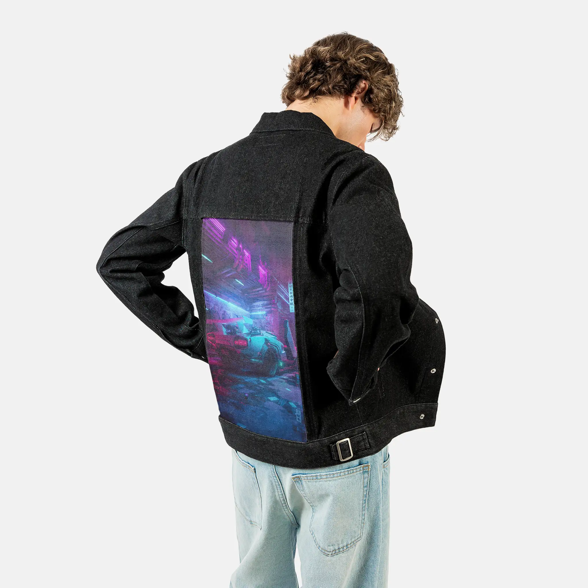 charging patch on male og denim jacket in raven