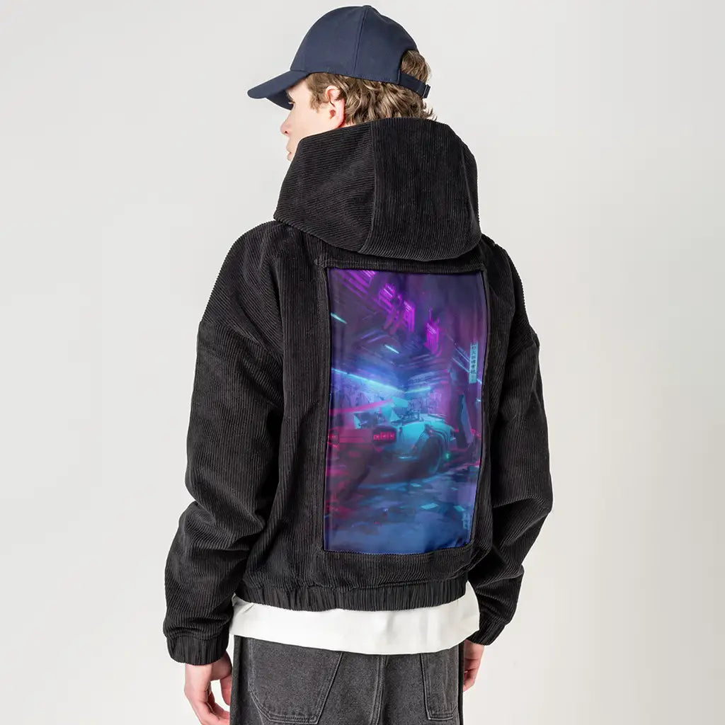 charging patch on male retro cord hoodie in onyx