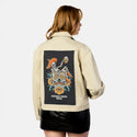 cheersmorebeer patch on female atelier canvas jacket in tan