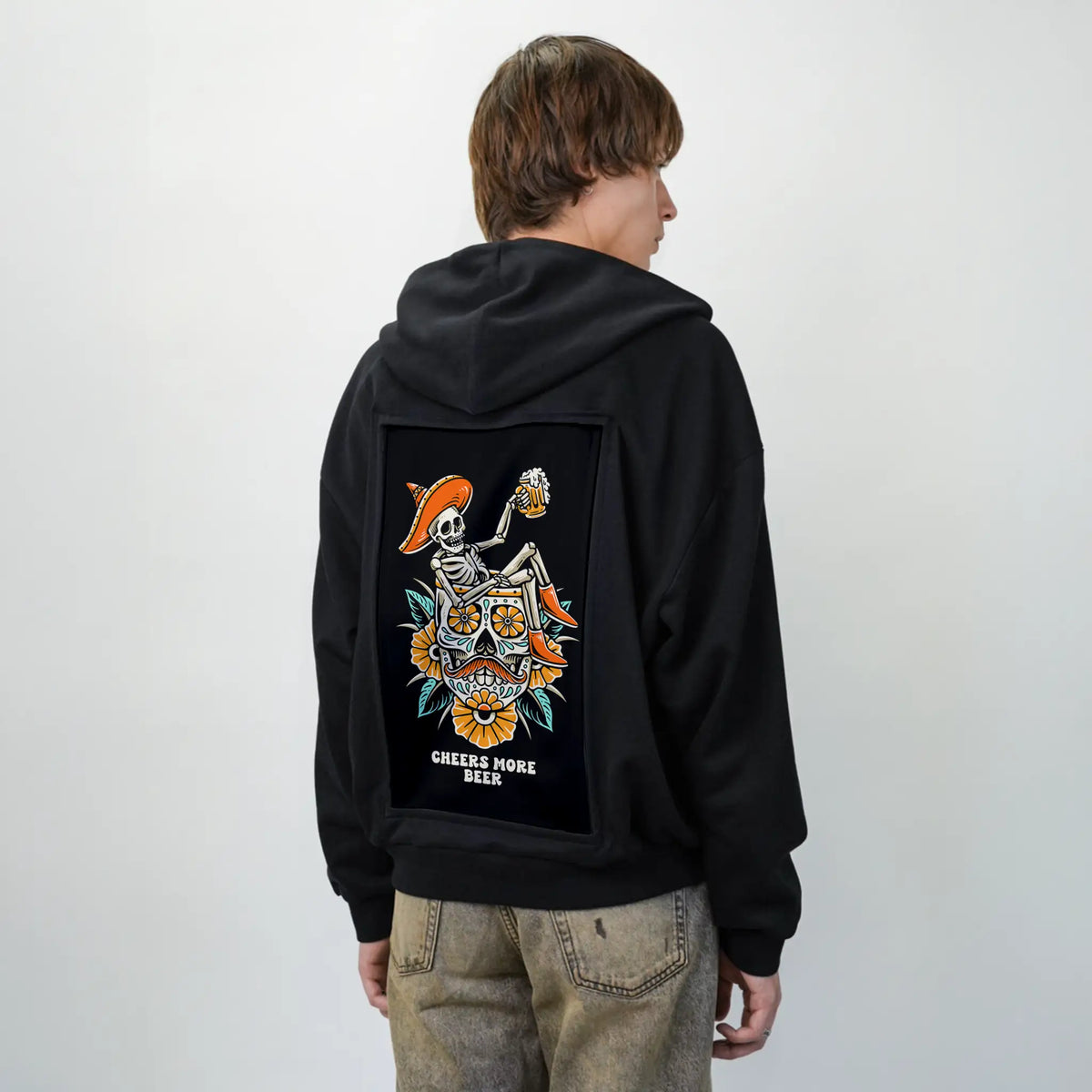 cheersmorebeer patch on male essential zip hoodie in after hours