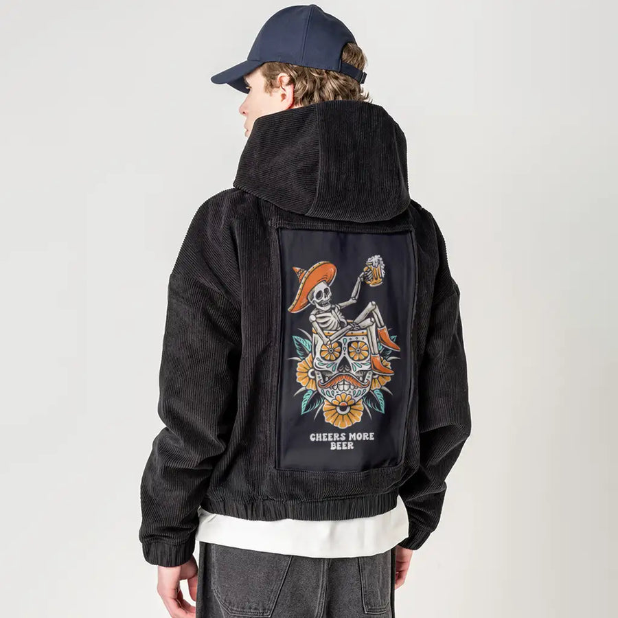 cheersmorebeer patch on male retro cord hoodie in onyx