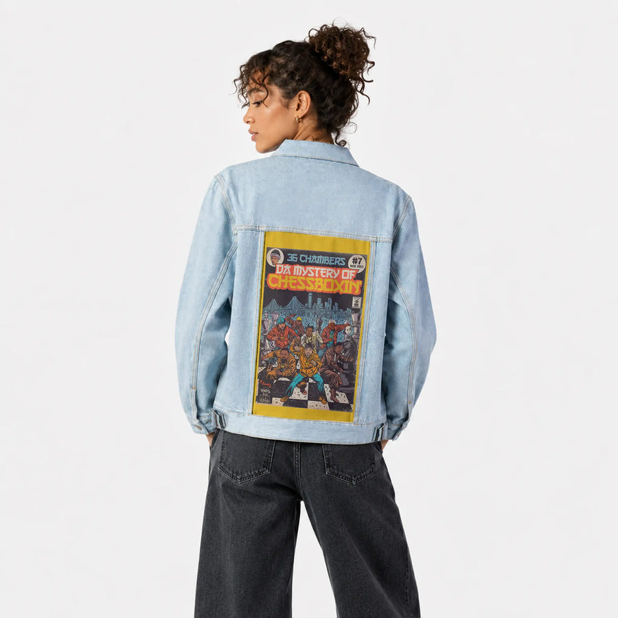chessboxin patch on female og denim jacket in oceanside