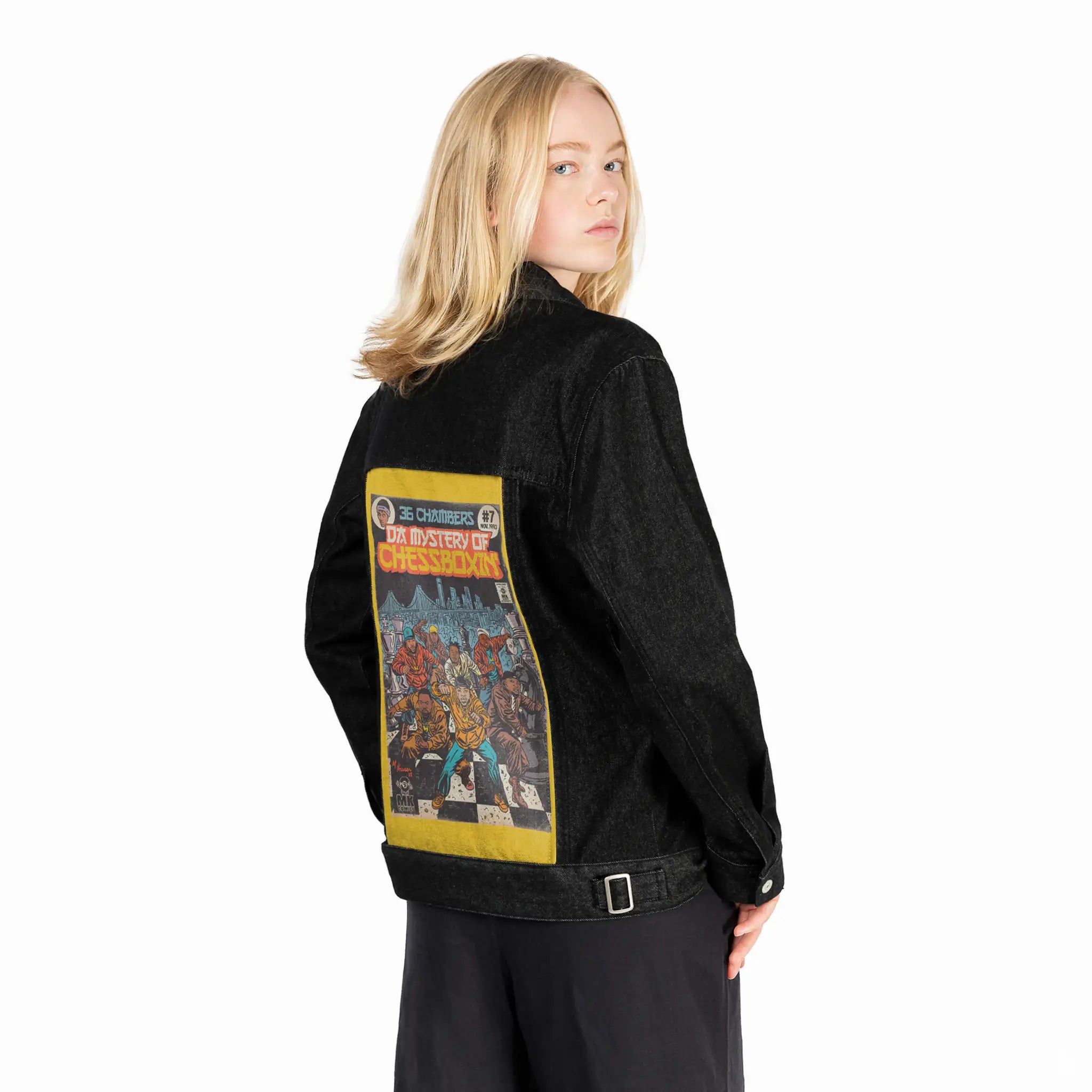 chessboxin patch on female og denim jacket in raven
