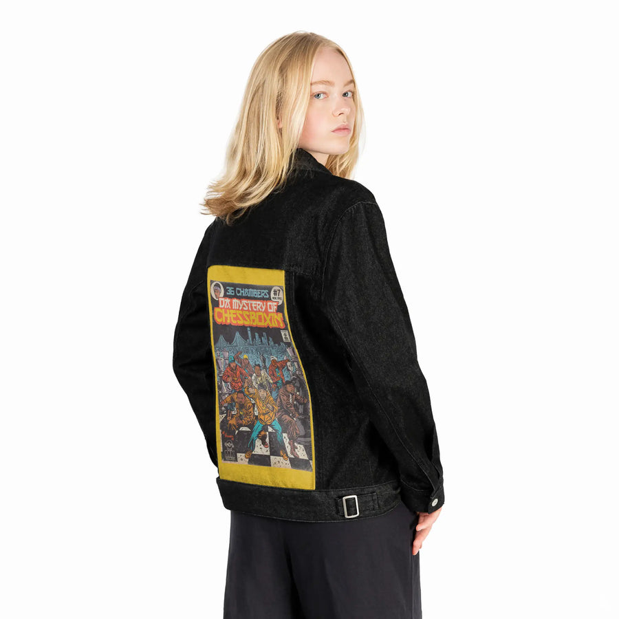 chessboxin patch on female og denim jacket in raven