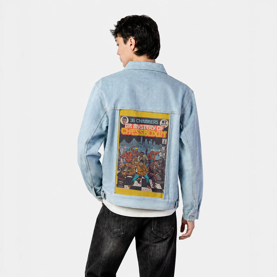chessboxin patch on male og denim jacket in oceanside