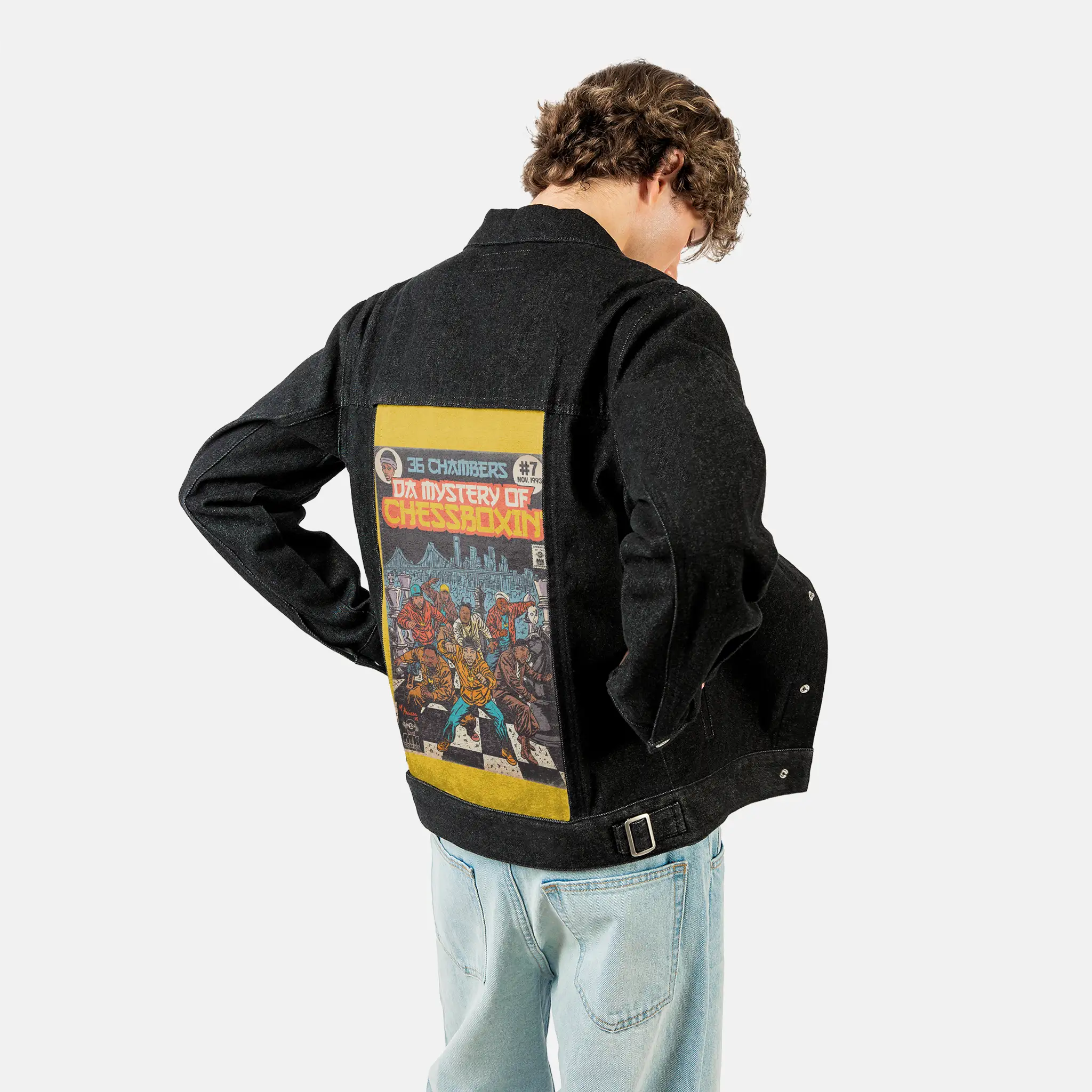 chessboxin patch on male og denim jacket in raven
