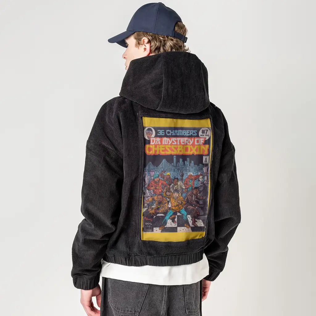 chessboxin patch on male retro cord hoodie in onyx
