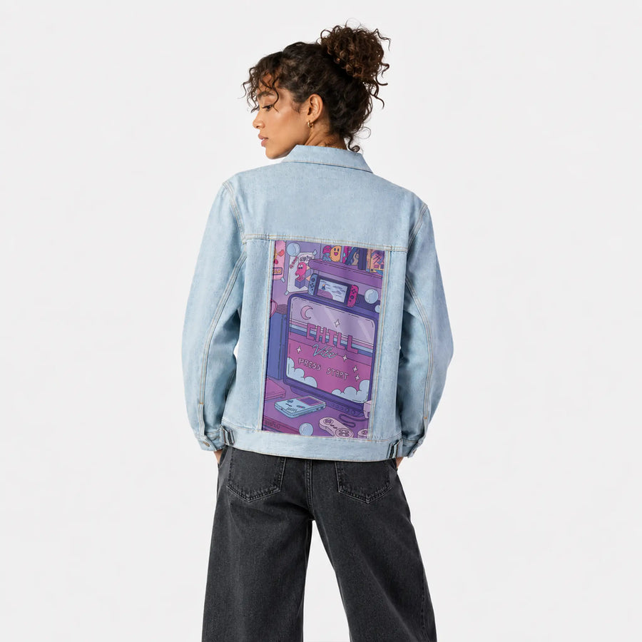 chillgamer patch on female og denim jacket in oceanside