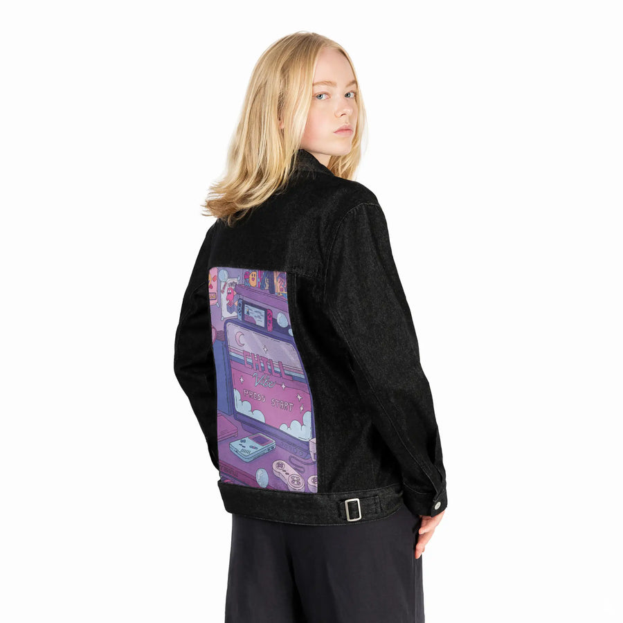 chillgamer patch on female og denim jacket in raven