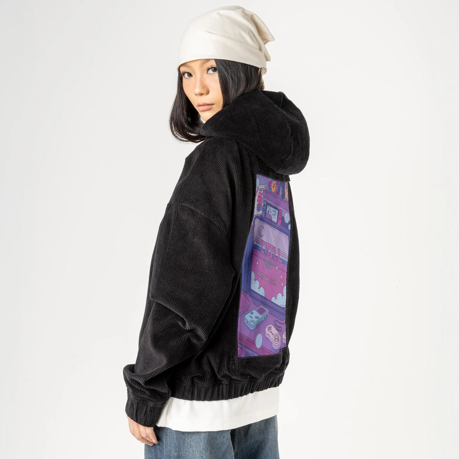 chillgamer patch on female retro cord hoodie in onyx