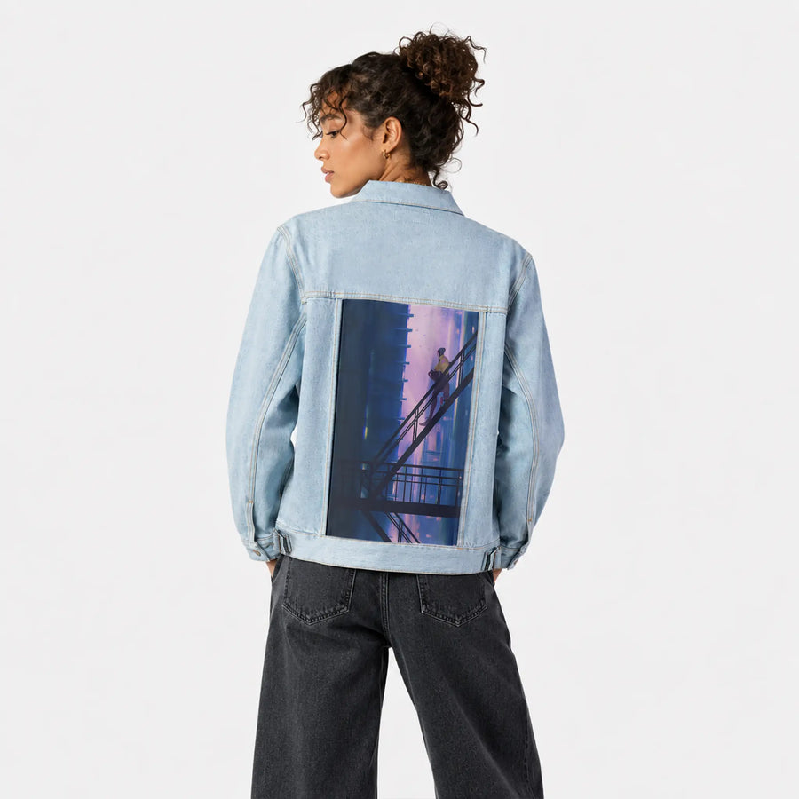 chilljoy patch on female og denim jacket in oceanside