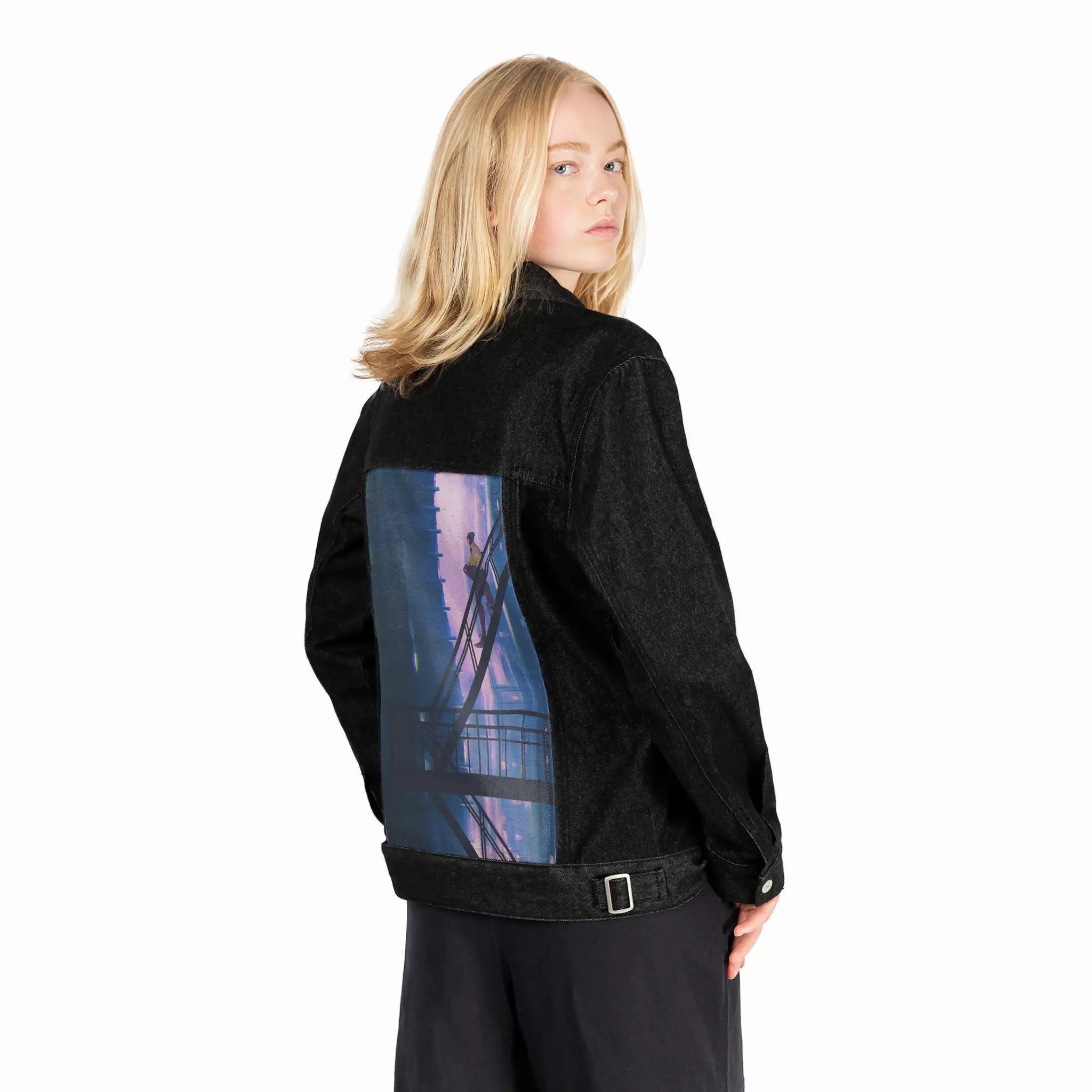 chilljoy patch on female og denim jacket in raven