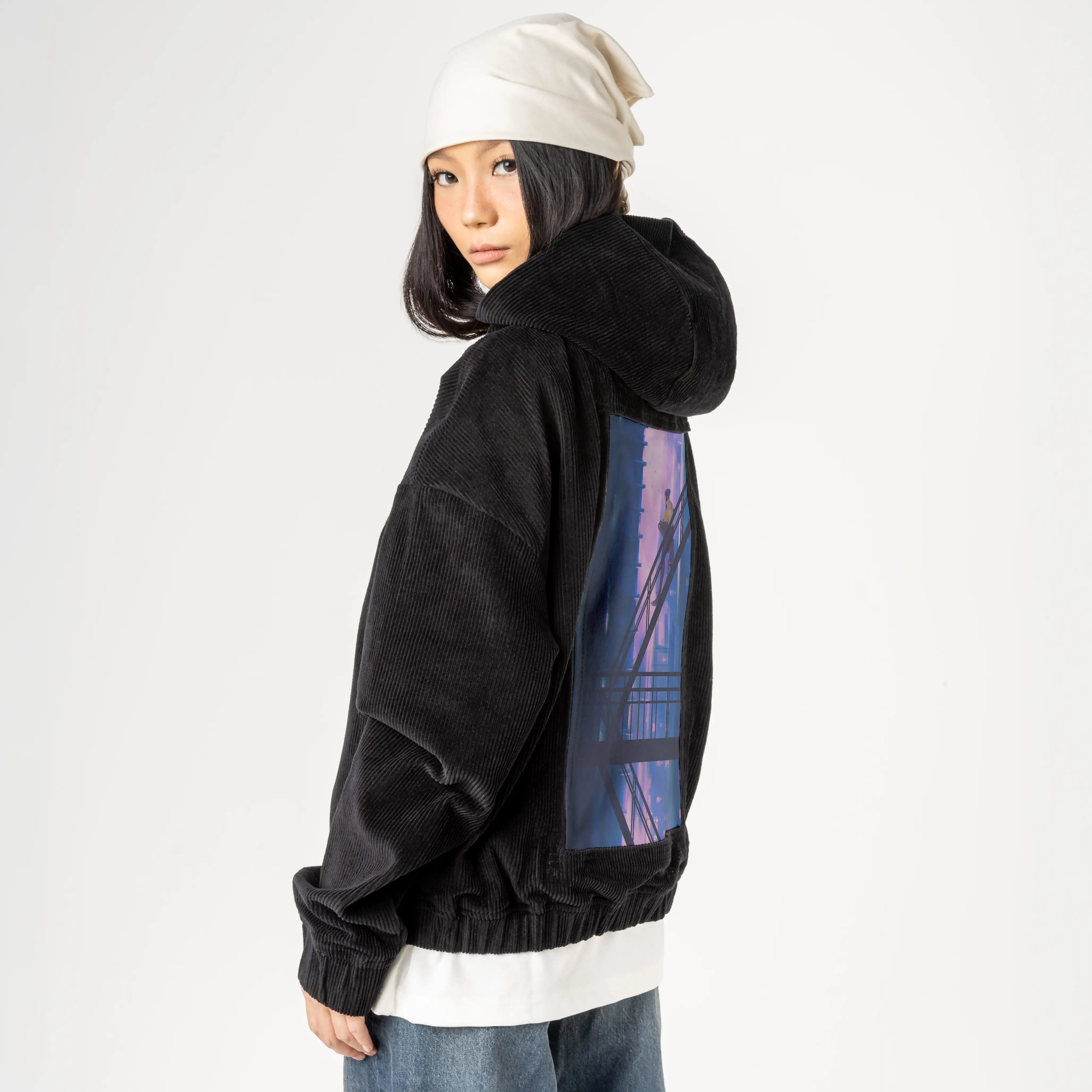 chilljoy patch on female retro cord hoodie in onyx
