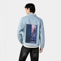 chilljoy patch on male og denim jacket in oceanside