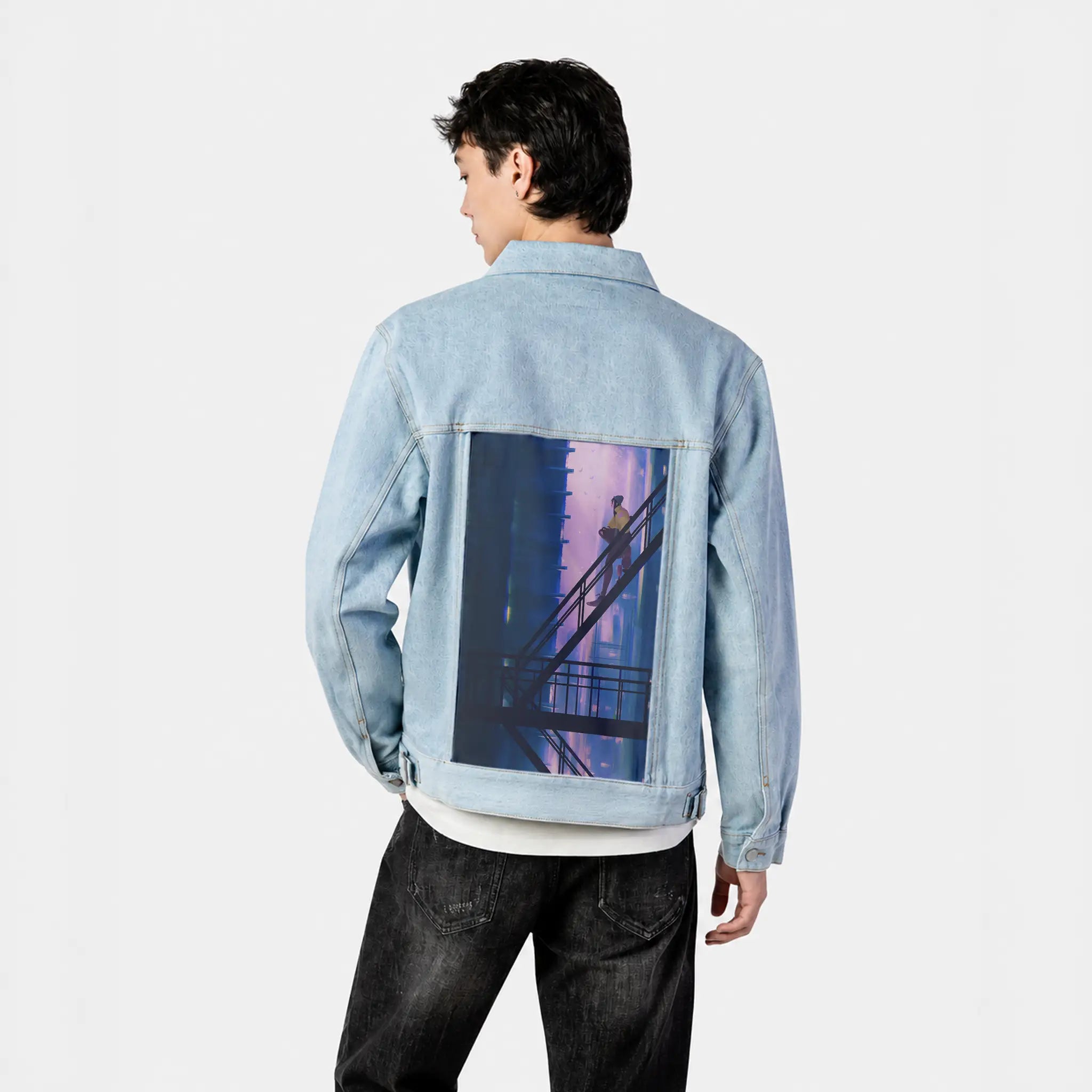 chilljoy patch on male og denim jacket in oceanside