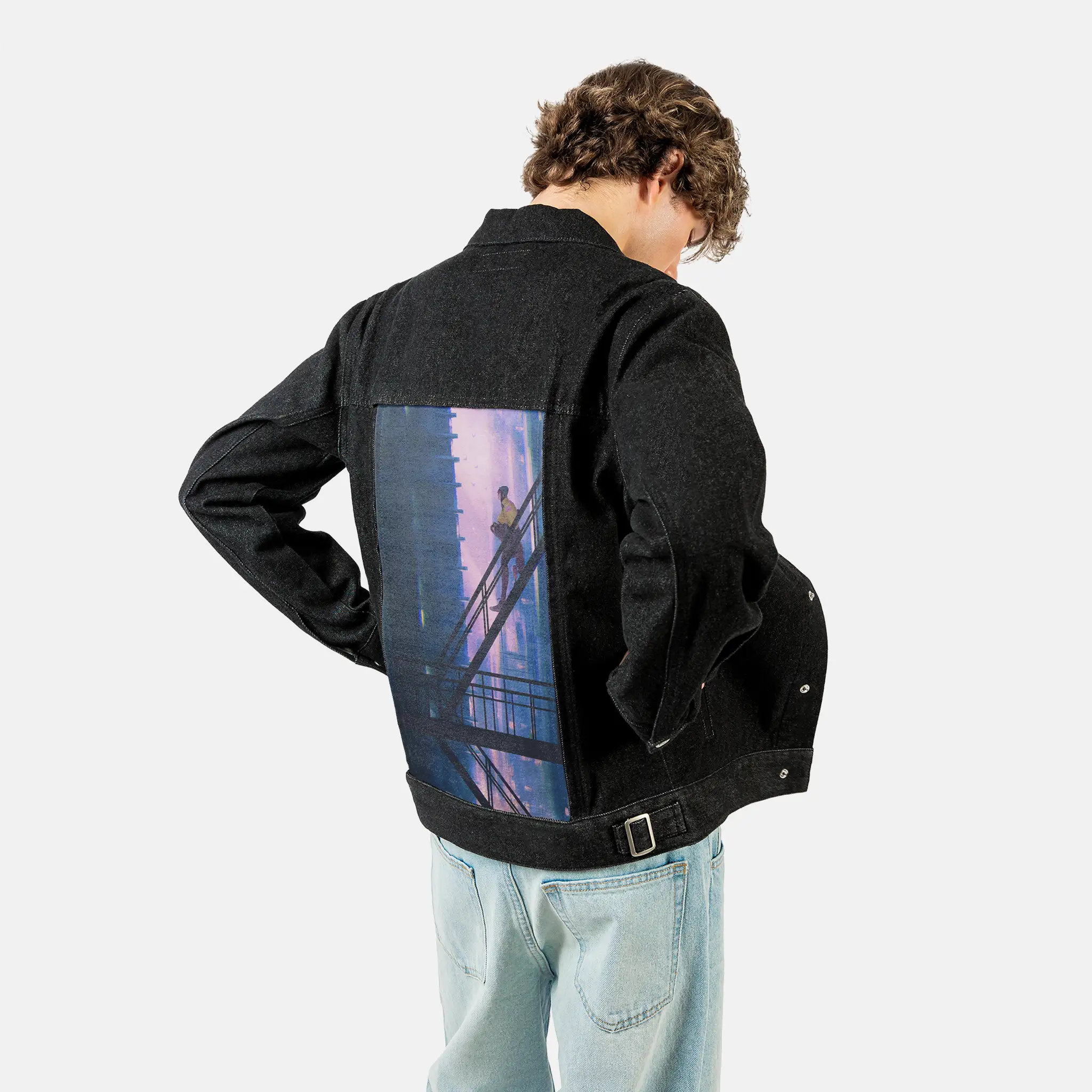 chilljoy patch on male og denim jacket in raven