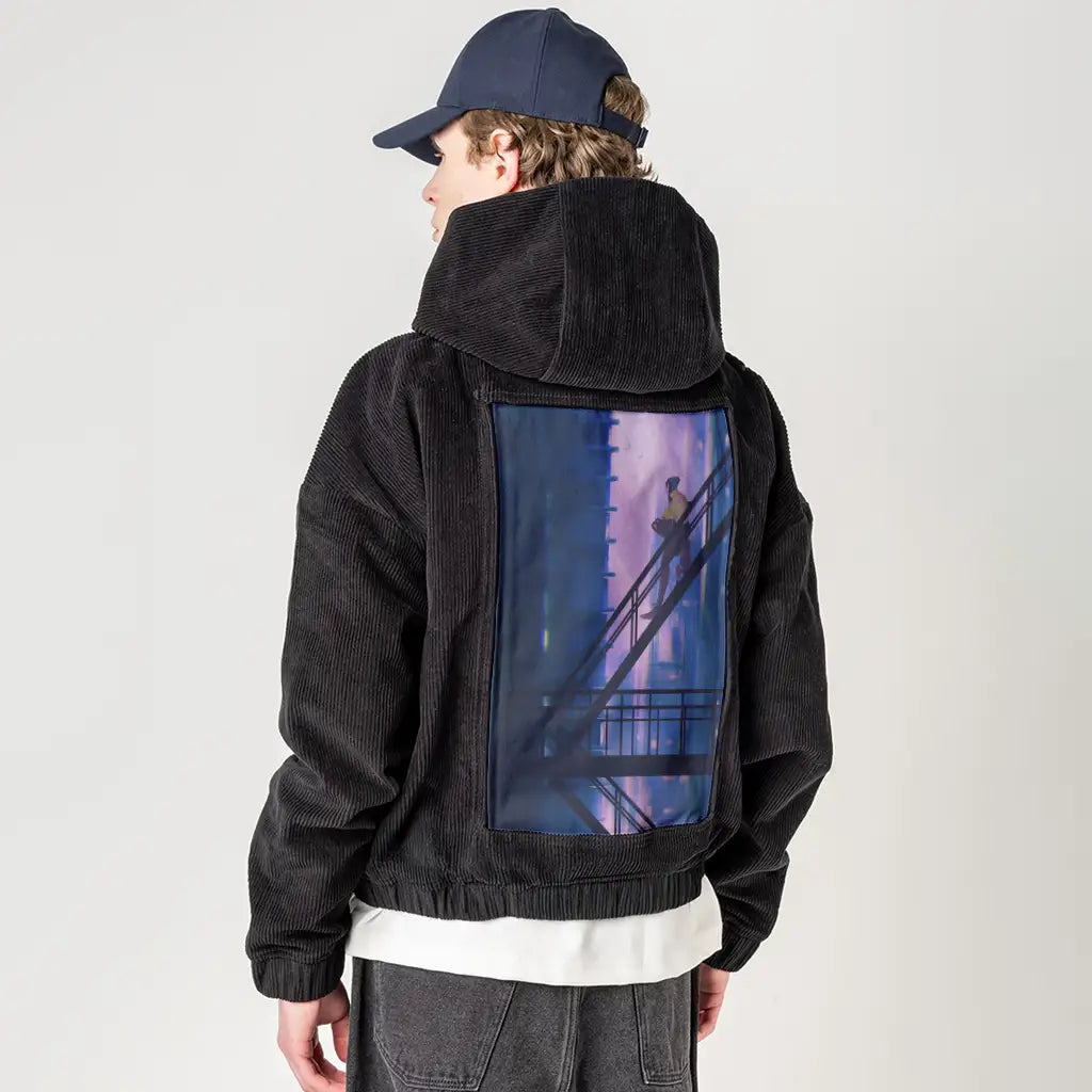 chilljoy patch on male retro cord hoodie in onyx