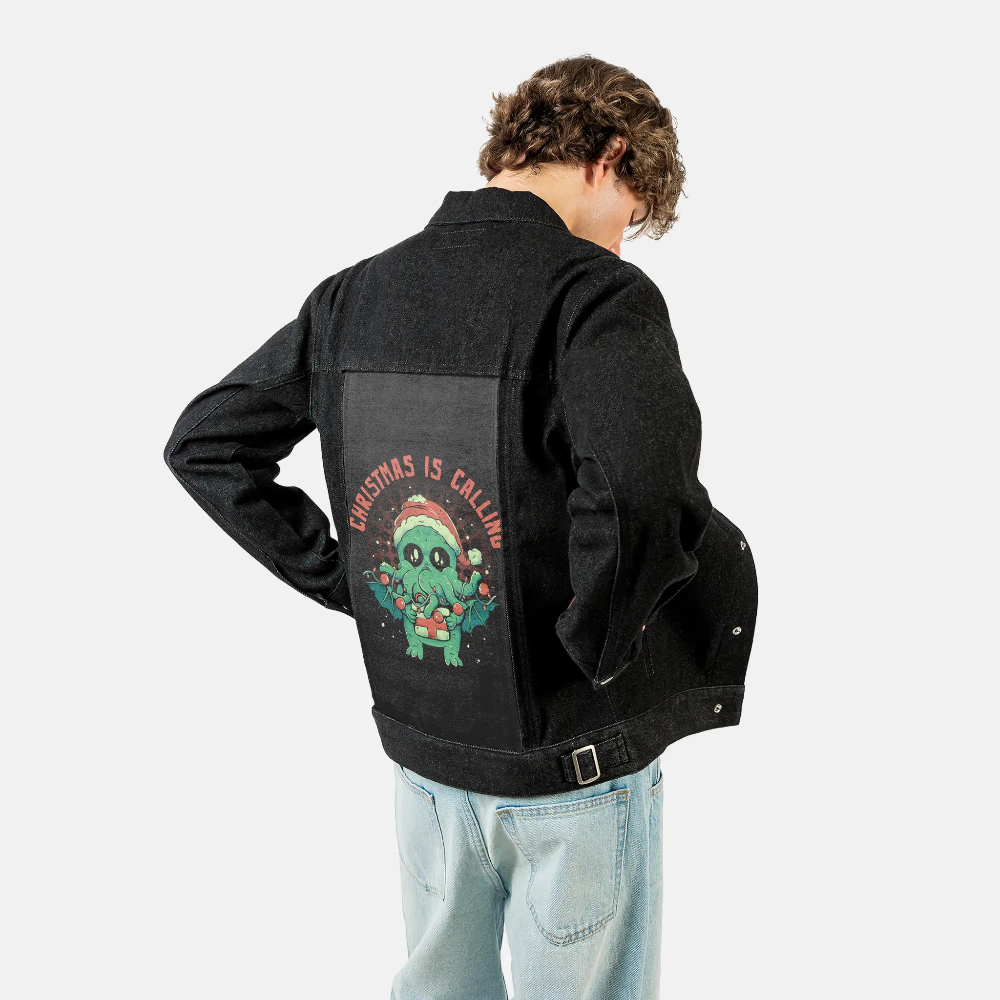 christmasiscalling patch on male og denim jacket in raven