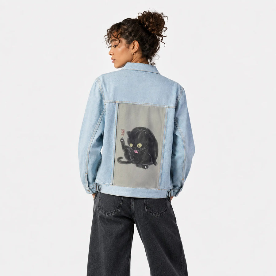 chubbycat patch on female og denim jacket in oceanside