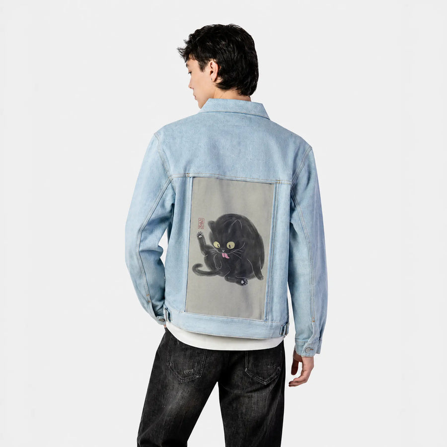 chubbycat patch on male og denim jacket in oceanside
