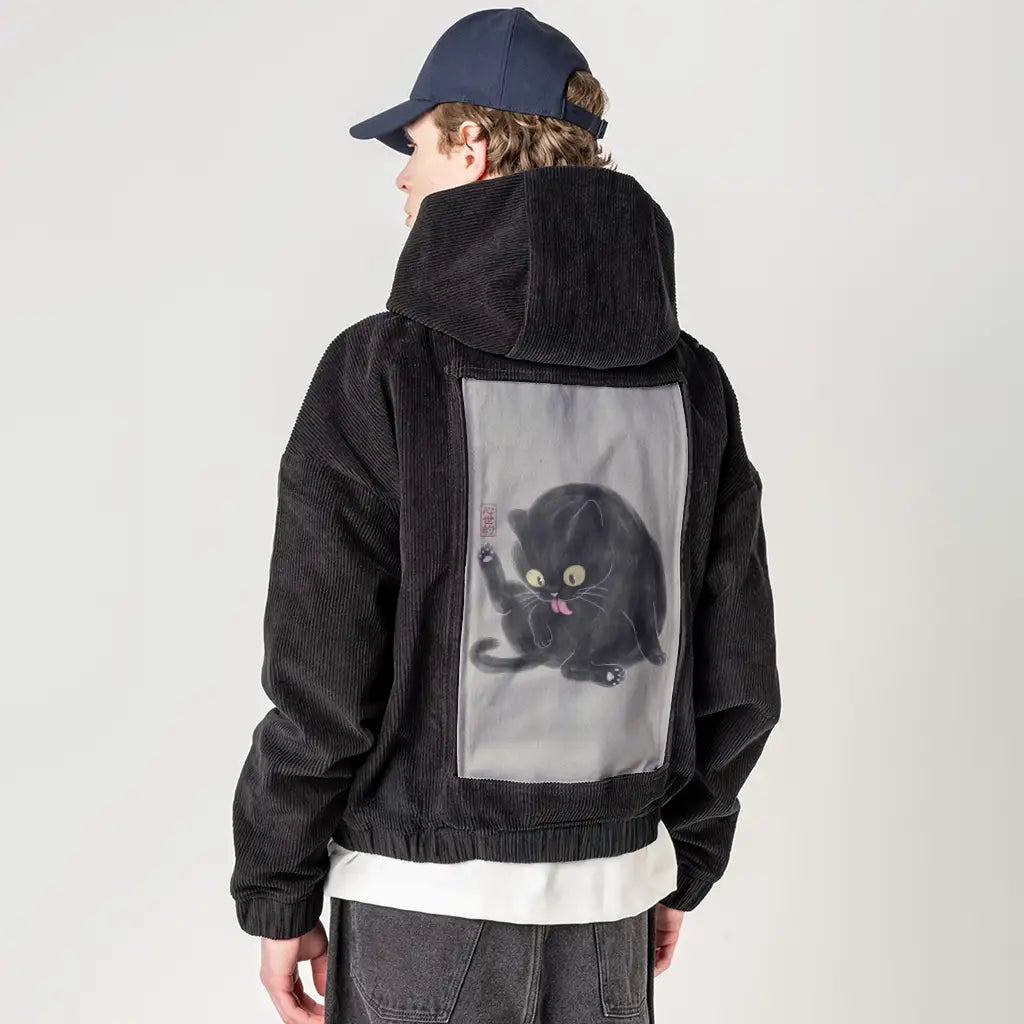 chubbycat patch on male retro cord hoodie in onyx