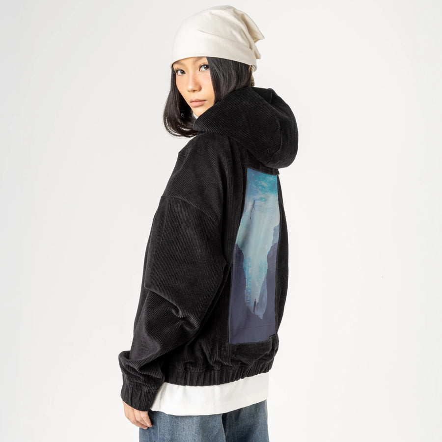 citysharks patch on female retro cord hoodie in onyx