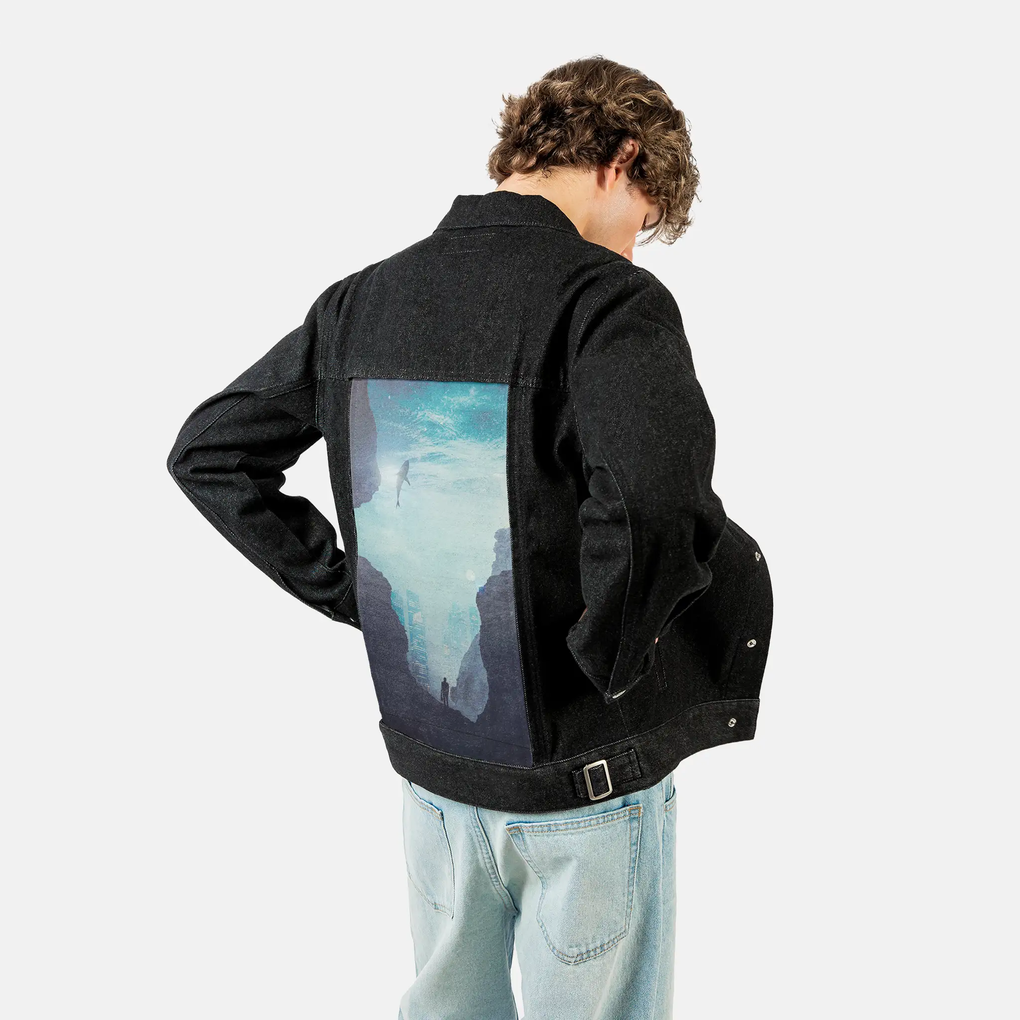 citysharks patch on male og denim jacket in raven