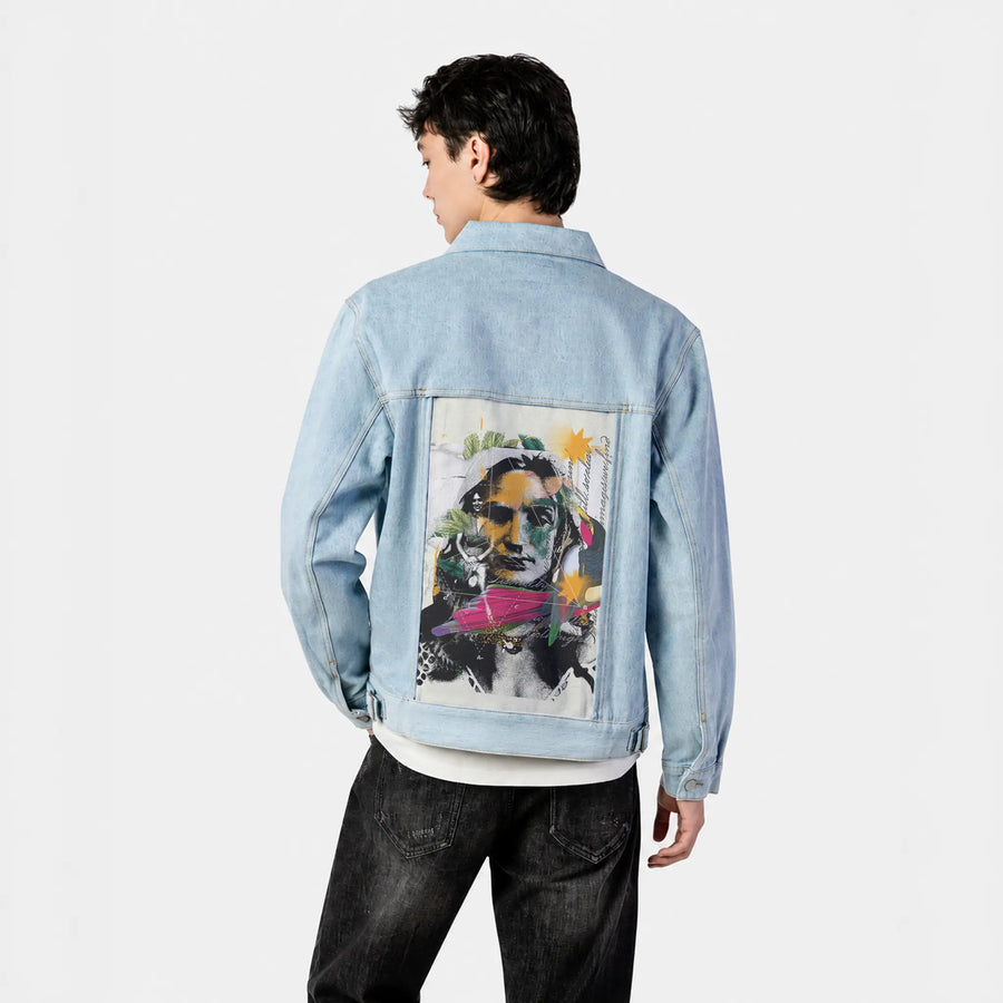 classy patch on male og denim jacket in oceanside