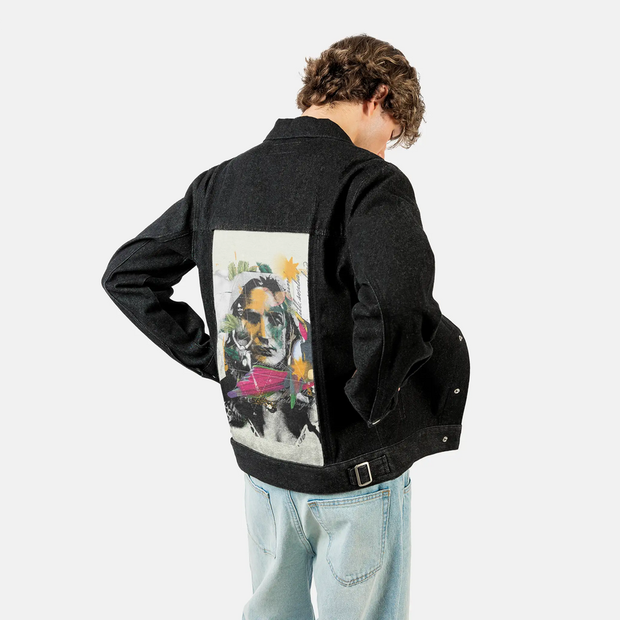 classy patch on male og denim jacket in raven