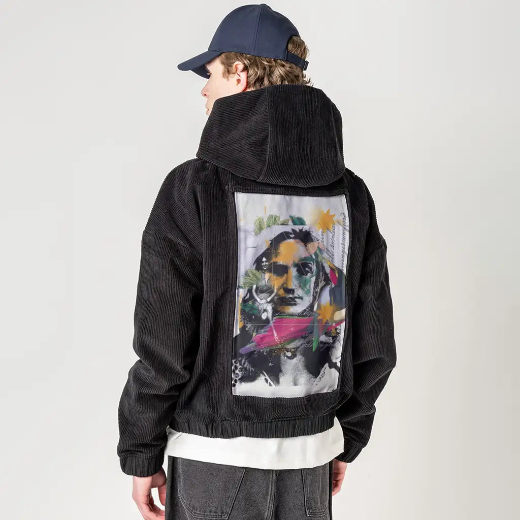 classy patch on male retro cord hoodie in onyx