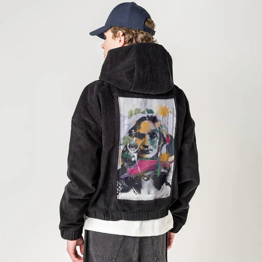 classy patch on male retro cord hoodie in onyx