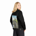 cliffshrine patch on female og denim jacket in raven