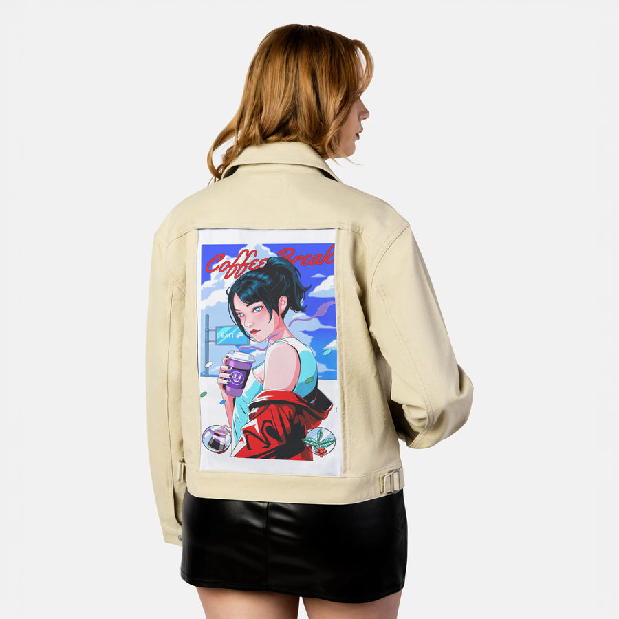 coffeebreak patch on female atelier canvas jacket in tan