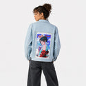 coffeebreak patch on female og denim jacket in oceanside